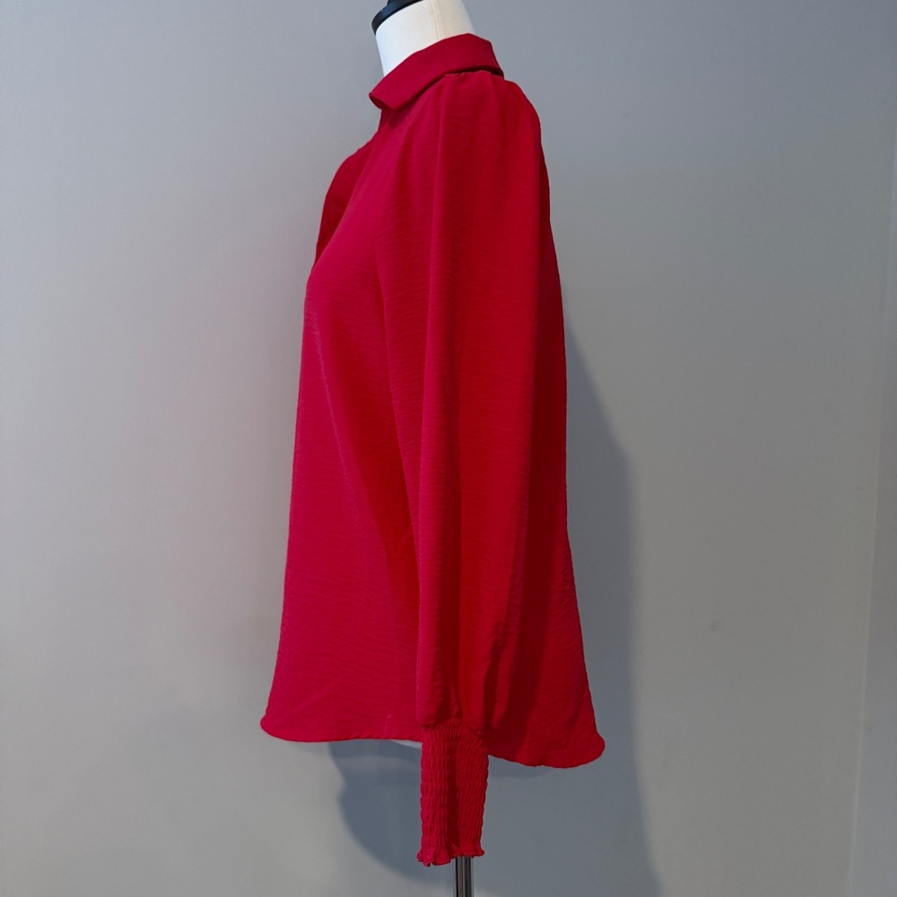 Red Jolie & Joy Blouse, Collared V Neck, Long Bishop Sleeves, Women's Size S - Picture 2 of 10